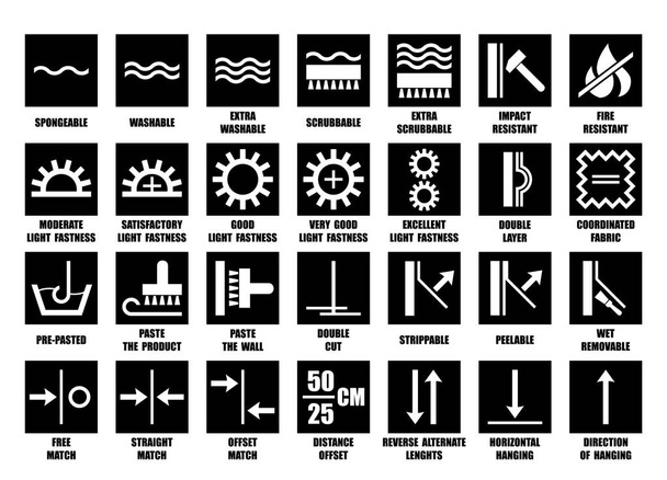 Serie completa di sfondi simboli neri isolati su bianco. Icone quadrate piatte vettoriali per l'imballaggio di rotoli di carta da parati. Guida all'applicazione, all'uso e alla rimozione
 - Vettoriali, immagini