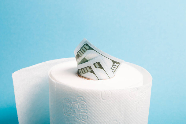 um rolo de papel higiênico branco e algumas notas no valor de 100 dólares, dinheiro em um rolo de papel higiênico, espaço de cópia de fundo azul
 - Foto, Imagem