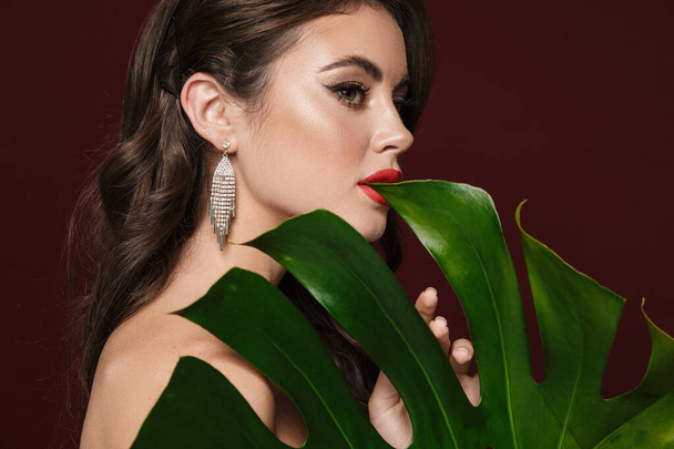 Image of brunette shirtless woman wearing earrings posing with plant leave isolated over burgundy background - Φωτογραφία, εικόνα