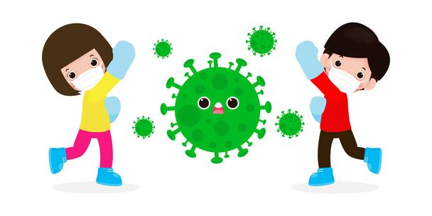 ludzie walczą z koronawirusem (2019-nCoV), postać z kreskówek mężczyzna i kobieta atakują COVID-19, dzieci i ochrona przed wirusami i bakteriami, koncepcja zdrowego stylu życia izolowane na białym tle - Wektor, obraz