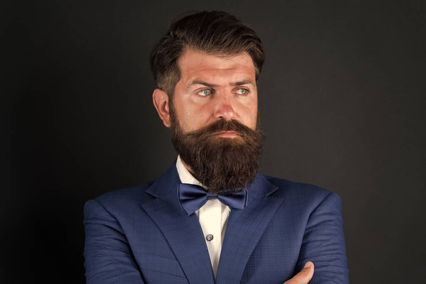 Classic style aesthetic. Businessman formal outfit. Masculine aesthetic. Barber hairdresser. Make male grooming simpler and more enjoyable. Well groomed man beard in suit. Male fashion and aesthetic - Fotó, kép