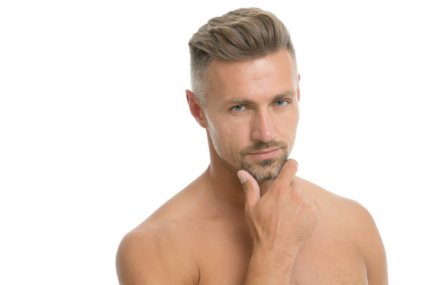 Man attractive well groomed facial hair. Barber shop concept. Man mature good looking model. Muscular chest smooth skin. Sexy torso. My morning shower routines. Keep body healthy. Male natural beauty - Fotoğraf, Görsel