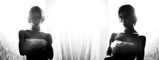 Silhouette Monochrome Retrato blanco negro de la hermosa joven LGBT o LGBTQ + Boy en vacaciones románticas de verano, deseo al aire libre. Chica pelo corto tirar de tela para cubrir su cara, espacio de copia, grupo de collage
 - Foto, imagen
