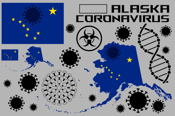 Una ilustración del coronavirus, con banderas y el territorio del país de Alaska. Células del coronavirus, una hélice genética y un signo de riesgo biológico. Ilustración vectorial
. - Vector, Imagen
