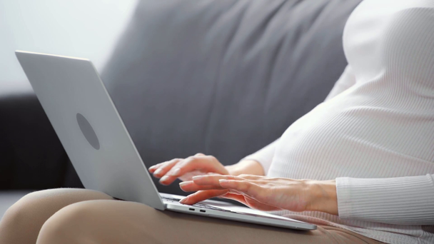 Vista ritagliata della donna incinta che utilizza il computer portatile sul divano
 - Filmati, video