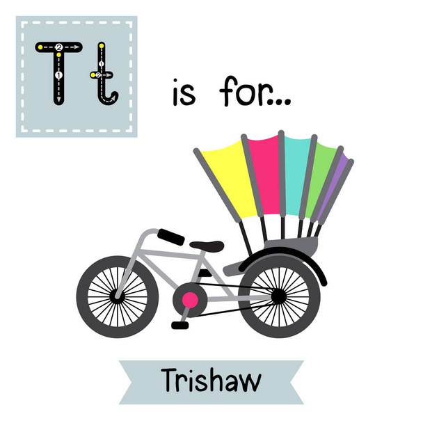 Γράμμα T χαριτωμένα παιδιά πολύχρωμες μεταφορές αλφάβητο ABC εντοπισμό flashcard του Trishaw για τα παιδιά μαθαίνουν αγγλικό λεξιλόγιο Διάνυσμα Εικονογράφηση. - Διάνυσμα, εικόνα