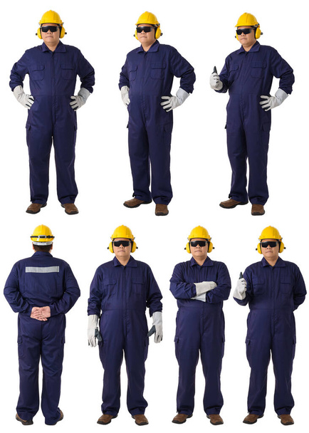 colección conjunto de Retrato de cuerpo completo de un trabajador en mono mecánico con casco y gafas de seguridad aisladas sobre fondo blanco - Foto, Imagen
