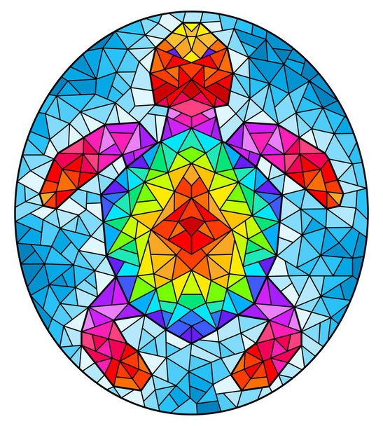 Illustration in stained glass style with an abstract rainbow mosaic turtle on a blue background, oval image - Vector, Image
