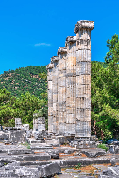 晴れた夏の日に、トルコのプリーンにある古代ギリシャの寺院の遺跡 - 写真・画像
