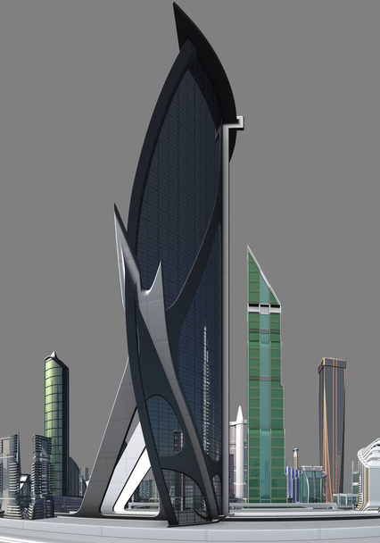 Edificio futurista renderizado en 3D aislado sobre fondo gris - Ilustración 3D
 - Foto, imagen