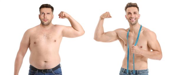 Νεαρός άνδρας πριν και μετά την απώλεια βάρους σε λευκό φόντο - Φωτογραφία, εικόνα