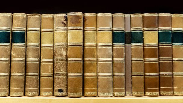 Antyczne skórzane okładki książek na drewnianej półce w publicznej bibliotece uniwersyteckim. Czytanie filozofii lub historii studiowania. Badania naukowe i koncepcje samodzielnego uczenia się - Zdjęcie, obraz