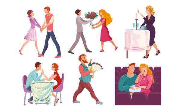Set of couples on romantic dates in different situations. Vector illustration in flat cartoon style. - Wektor, obraz