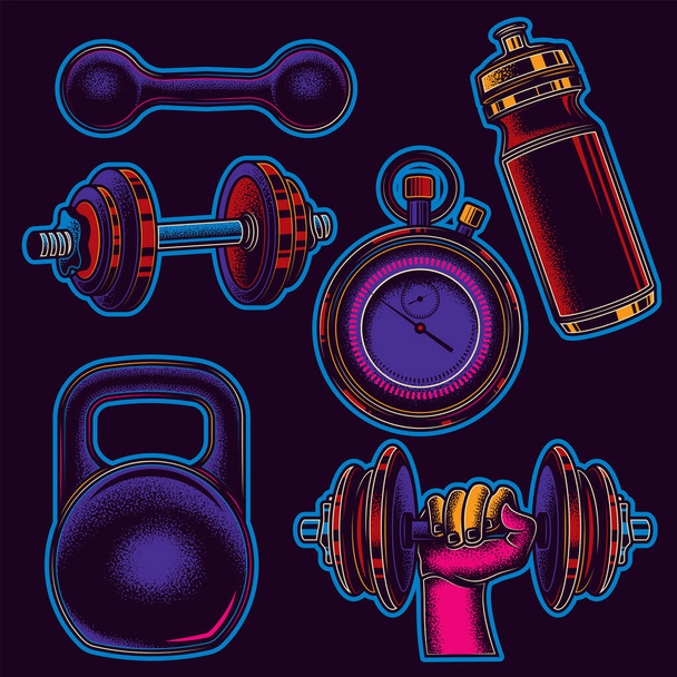 Original vector sports set in neon style. Healthy lifestyle. - Vector, Image