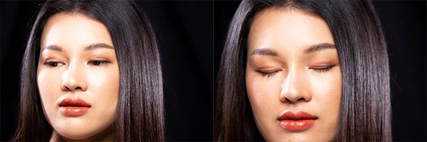 Collage Group Portrait of Fashion Young beautiful Asian Woman black hair attaches artificial eyelid to create double tapes for eyes makeup. Girl shows eyeslid with color brush on face, dark background - Photo, Image