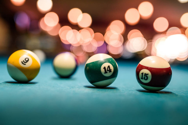 Colorful billiard balls on table close up - Photo, Image
