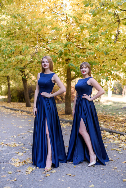 Two very beautiful young ladies in fashionable blue dresses in autumn park. - Photo, Image