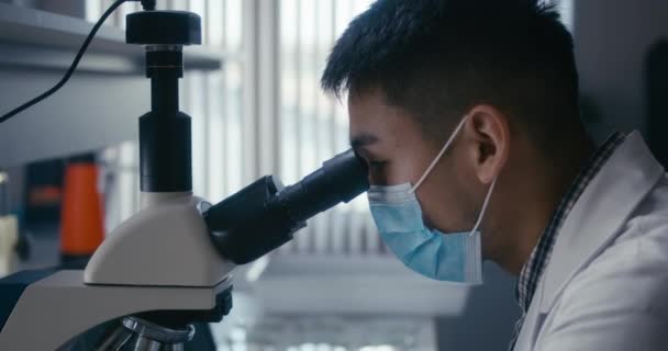 Naukowiec badający próbkę w mikroskopie - Materiał filmowy, wideo