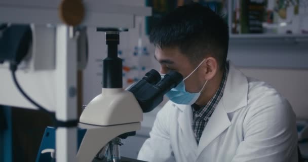 Επιστήμονας που μελετά το δείγμα στο μικροσκόπιο - Πλάνα, βίντεο