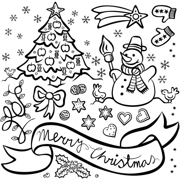 Black and white typical traditional Christmas and winter holidays related elements illustration set isolated on white background - Vector, Imagen