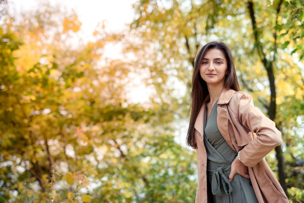 Autumn park. Beautiful woman in green dress posing in autumn park with yellow leaves - Photo, image