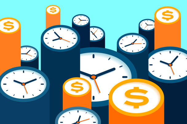 Clock and dollar icons in flat style, timers and money sign on color background. Time management. More watch. Business vector illustration for you presentation - Вектор,изображение