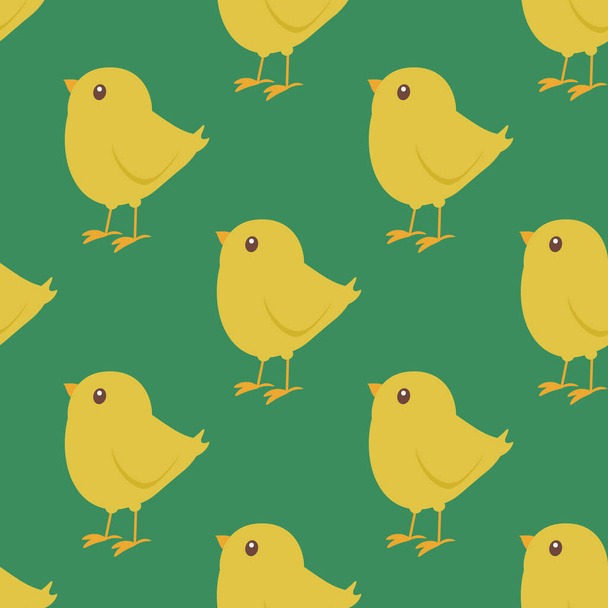 Vector seamless pattern with cartoon yellow chicks on green background. Perfect for Easter greeting cards, wrapping paper or textile. - Vektor, obrázek
