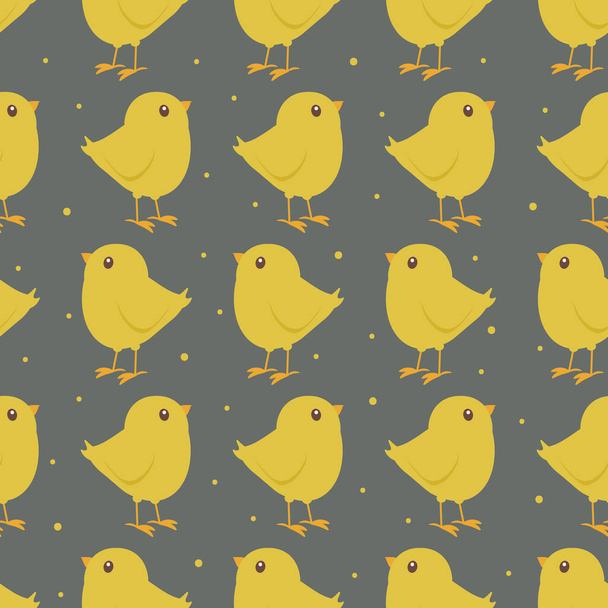 Vector seamless pattern with cartoon yellow chicks on gray background. Perfect for Easter greeting cards, wrapping paper or textile. - Vektor, obrázek