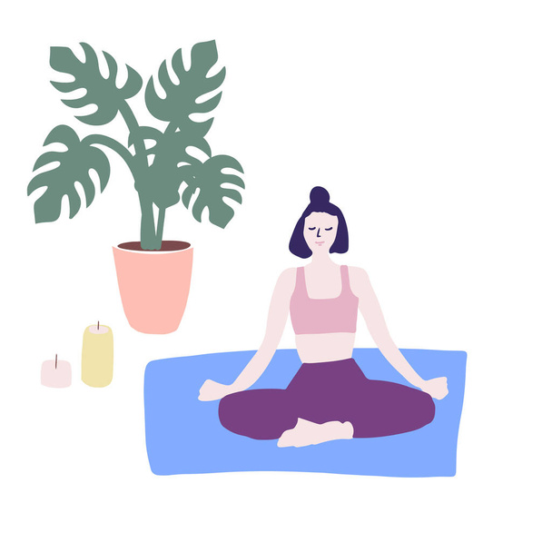 Ilustração de mulher fazendo asana. Yoga em casa
 - Vetor, Imagem