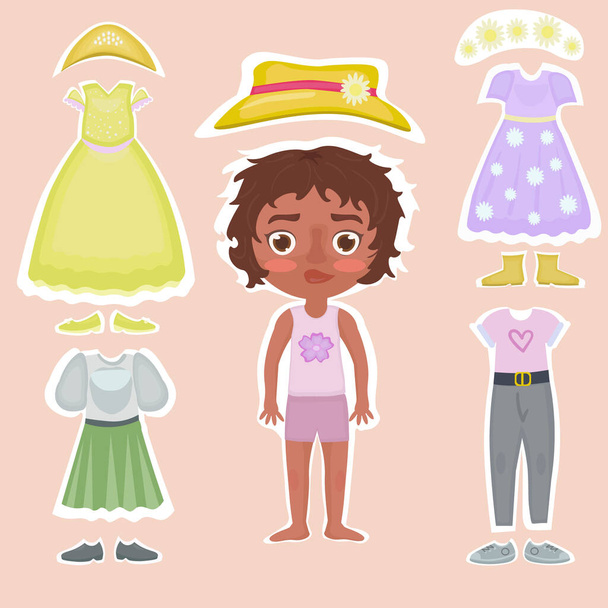 Set of illustrations with a cute black girl with accessories. set of clothes, wardrobe: princess dress, casual wear, crown and flower wreath.Cartoon paper doll or character. - Vector, Image