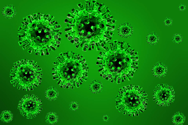 緑の背景にコロナウイルスと小さなイラスト - 写真・画像