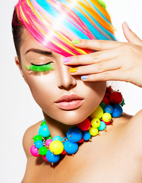 Beauty Girl Portrait with Colorful Makeup, Hair and Accessories - Fotografie, Obrázek