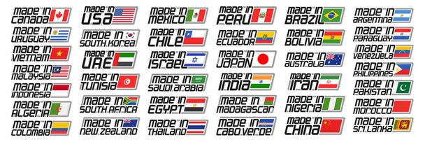 Векторный набор флагов американских и азиатских стран, 38 декоративных изолированных знаков с национальными государственными флагами и оригинальными буквами для разных слов, промышленный дизайн экспортных табличек с флагами
 - Вектор,изображение