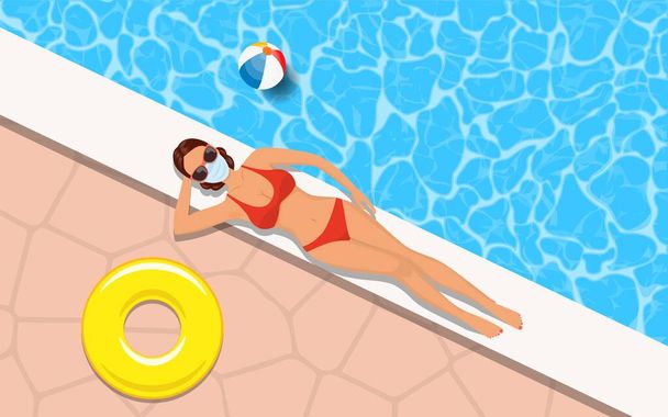 Slim γυναίκα στο μπικίνι χαλάρωση δίπλα στην πισίνα - Διάνυσμα, εικόνα