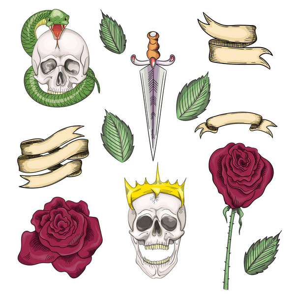Set di elementi per tatuaggi o adesivi, stampe in stile old school
 - Vettoriali, immagini