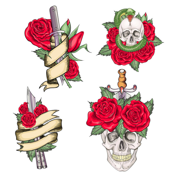 Set of retro tattoos in old school style - Vector, Image