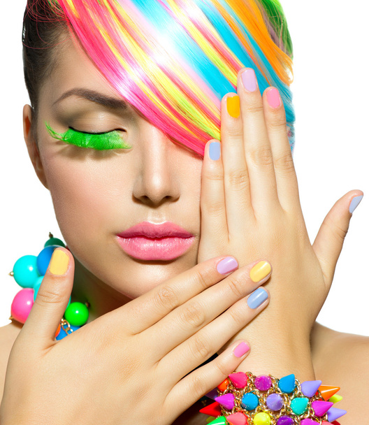 Beauty Girl Portrait with Colorful Makeup, Hair and Accessories - Foto, immagini