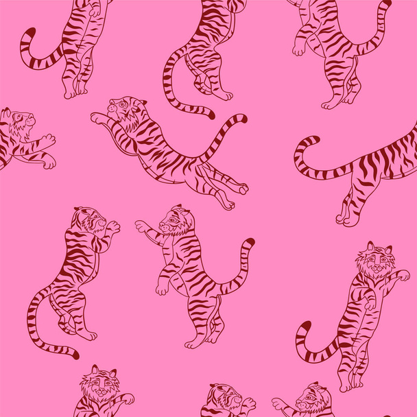 Patrón sin costuras con tigres saltando sobre un fondo rosa. Imagen vectorial
. - Vector, Imagen