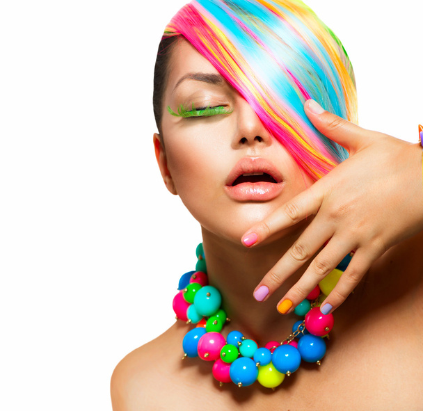 Beauty Girl Portrait with Colorful Makeup, Hair and Accessories - Foto, Imagen