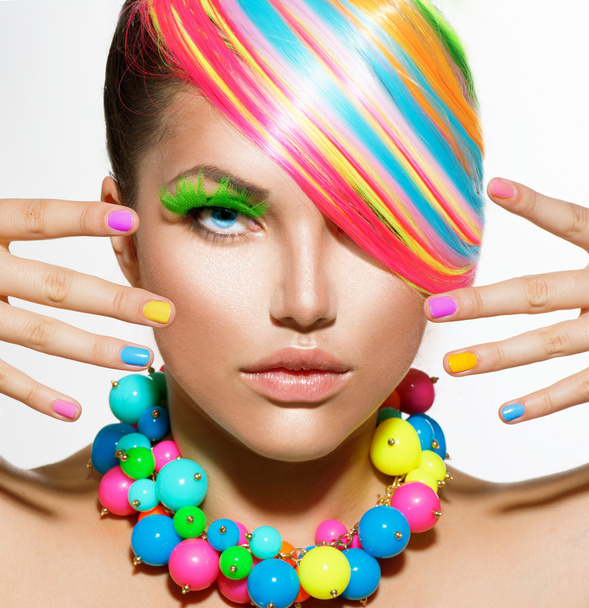 Beauty Girl Portrait with Colorful Makeup, Hair and Accessories - Fotó, kép