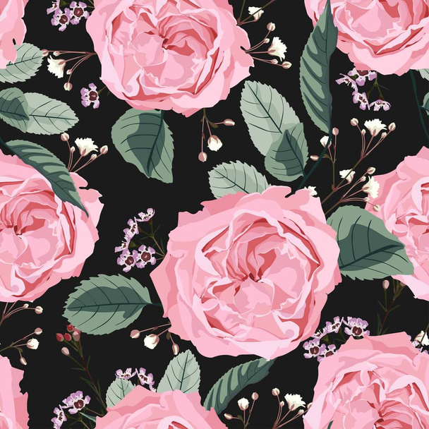 Floral seamless pattern with watercolor style pink roses and  blooming white herbs. Black background with bouquets of hand-drawn  flowers with leaves. - Вектор, зображення