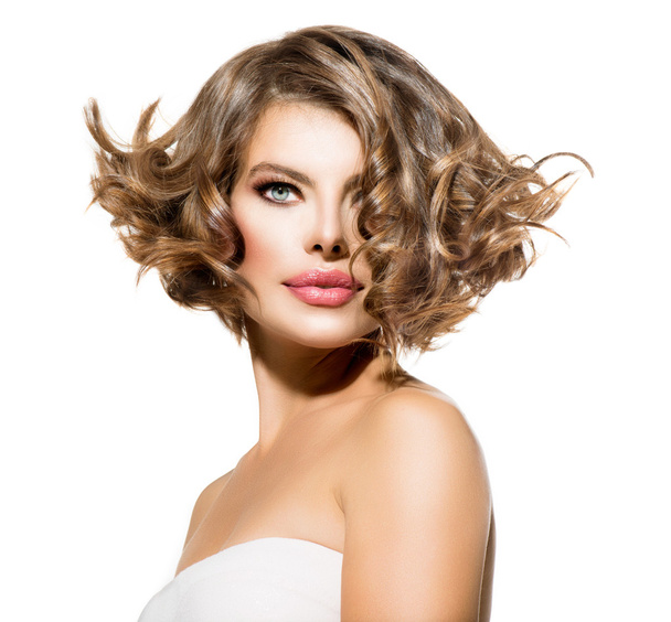 Beauty Young Woman Portrait over White. Short Curly Hair - Foto, Imagem