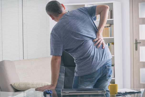 Man in home office suffering from low back pain sitting at a desk with notebook, papers and other objects - Fotoğraf, Görsel