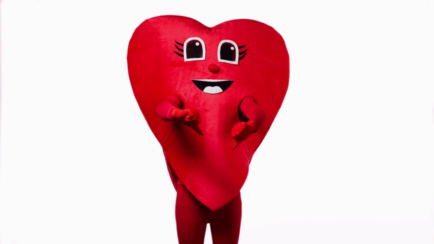 person in heart costume showing thumbs down isolated on white - Footage, Video