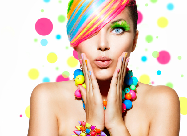 Beauty Girl Portrait with Colorful Makeup, Hair and Accessories - Photo, Image