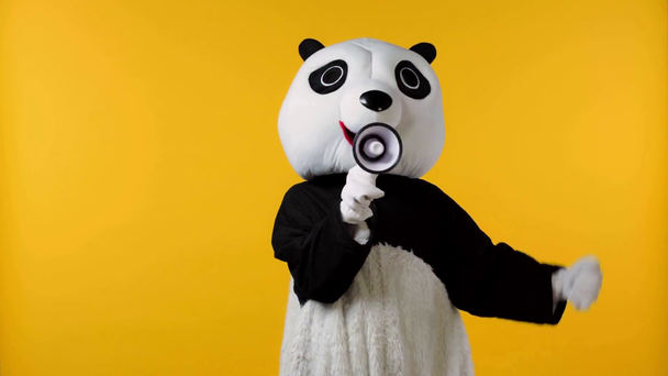 Person im Pandabären-Kostüm hält Megafon isoliert auf gelb - Filmmaterial, Video
