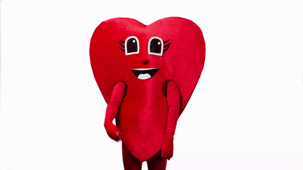persona en traje de corazón mostrando el pulgar hacia arriba aislado en blanco
 - Metraje, vídeo