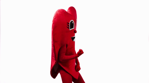 person in heart costume celebrating triumph isolated on white - Footage, Video