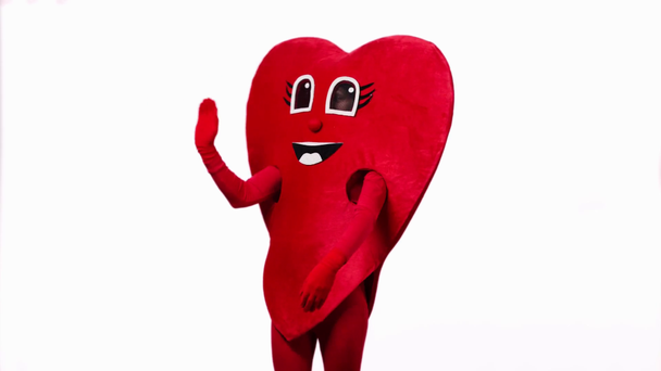 person in heart costume waving hands isolated on white - Footage, Video
