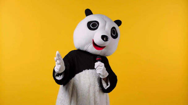 person in panda bear costume holding microphone isolated on yellow  - Footage, Video